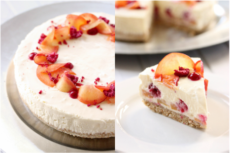 Peach, raspberry and white chocolate cheesecake