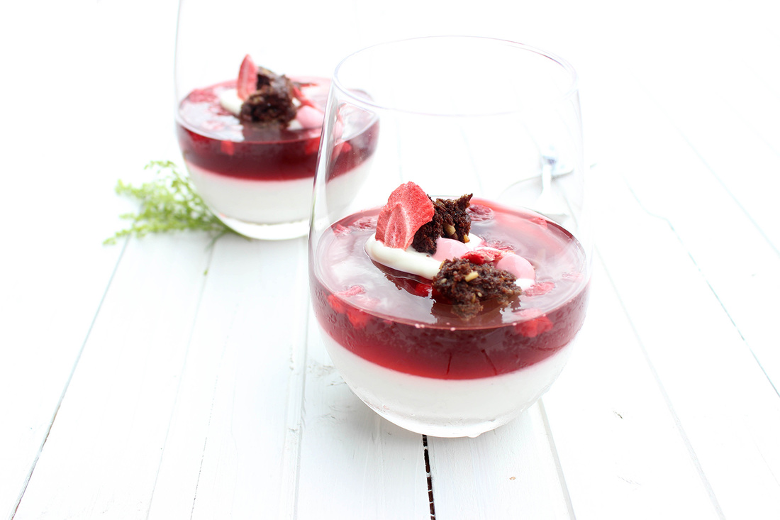 Layered strawberry jelly and coconut panna cotta